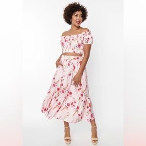 Unique Vintage Pink Floral Ruffle Top & Tiered Midi Skirt 2 Piece Set (See Desc)